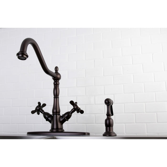 Kingston Heirloom KS1235BEXBS - Essex Two-Handle 2-or-4 Hole Kitchen Faucet with Brass Sprayer, Oil Rubbed Bronze