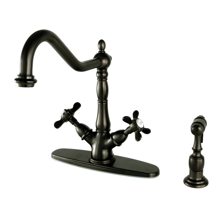 Kingston Heirloom KS1235BEXBS - Essex Two-Handle 2-or-4 Hole Kitchen Faucet with Brass Sprayer, Oil Rubbed Bronze