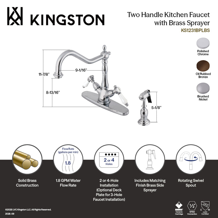 Kingston Heirloom KS1235BPLBS - Bel-Air Two-Handle 2-or-4 Hole Kitchen Faucet with Brass Sprayer, Oil Rubbed Bronze