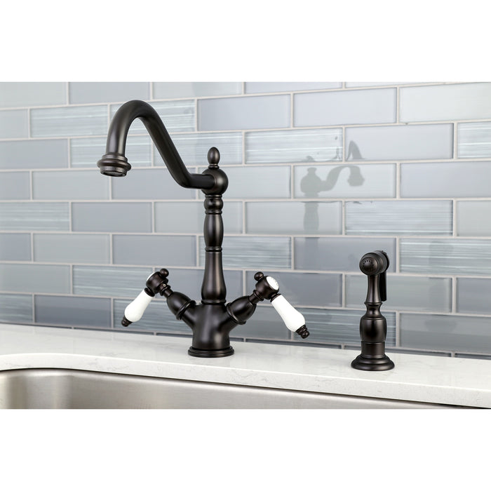 Kingston Heirloom KS1235BPLBS - Bel-Air Two-Handle 2-or-4 Hole Kitchen Faucet with Brass Sprayer, Oil Rubbed Bronze