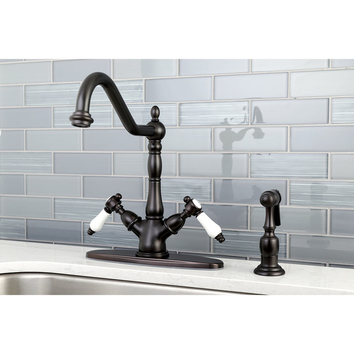 Kingston Heirloom KS1235BPLBS - Bel-Air Two-Handle 2-or-4 Hole Kitchen Faucet with Brass Sprayer, Oil Rubbed Bronze