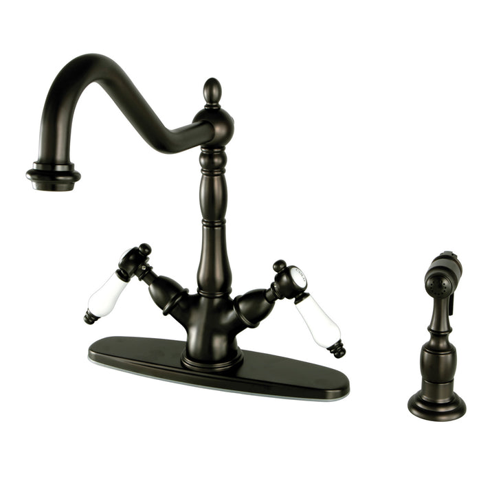 Kingston Heirloom KS1235BPLBS - Bel-Air Two-Handle 2-or-4 Hole Kitchen Faucet with Brass Sprayer, Oil Rubbed Bronze