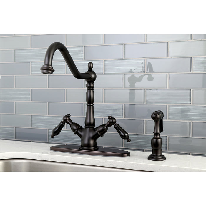 Kingston Heirloom KS1235PKLBS - Duchess Two-Handle 2-or-4 Hole Kitchen Faucet with Brass Sprayer, Oil Rubbed Bronze