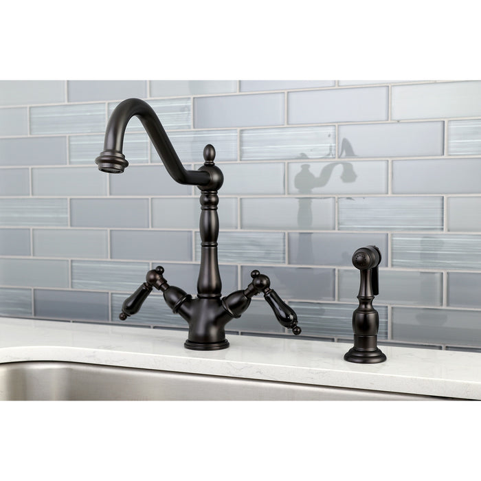 Kingston Heirloom KS1235PKLBS - Duchess Two-Handle 2-or-4 Hole Kitchen Faucet with Brass Sprayer, Oil Rubbed Bronze