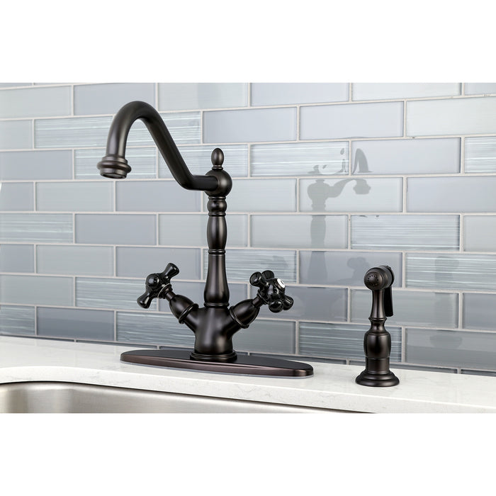 Kingston Heirloom KS1235PKXBS - Duchess Two-Handle 2-or-4 Hole Kitchen Faucet with Brass Sprayer, Oil Rubbed Bronze