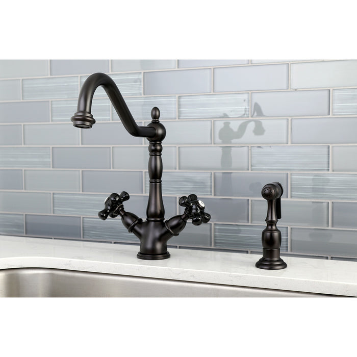 Kingston Heirloom KS1235PKXBS - Duchess Two-Handle 2-or-4 Hole Kitchen Faucet with Brass Sprayer, Oil Rubbed Bronze