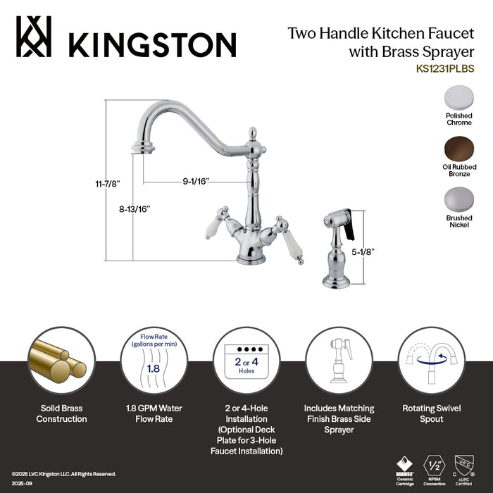 Kingston Heirloom KS1235PLBS - Heritage Two-Handle 2-or-4 Hole Kitchen Faucet with Brass Sprayer, Oil Rubbed Bronze