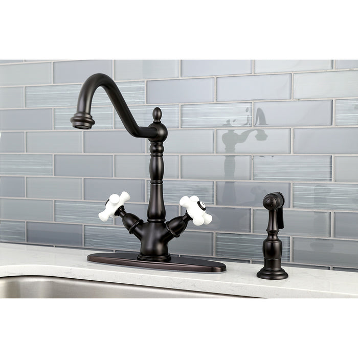Heritage KS1235PXBS Two-Handle 2-or-4 Hole Kitchen Faucet with Brass Sprayer, Oil Rubbed Bronze