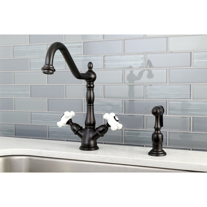 Kingston Heirloom KS1235PXBS - Heritage Two-Handle 2-or-4 Hole Kitchen Faucet with Brass Sprayer, Oil Rubbed Bronze