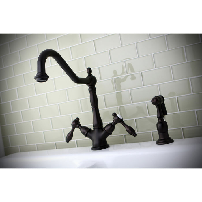 Kingston Heirloom KS1235TALBS - Tudor Two-Handle 2-or-4 Hole Kitchen Faucet with Brass Sprayer, Oil Rubbed Bronze