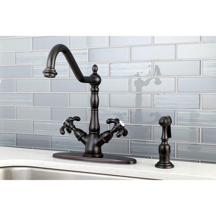 Kingston Heirloom KS1235TXBS - French Country Two-Handle 2-or-4 Hole Kitchen Faucet with Brass Sprayer, Oil Rubbed Bronze