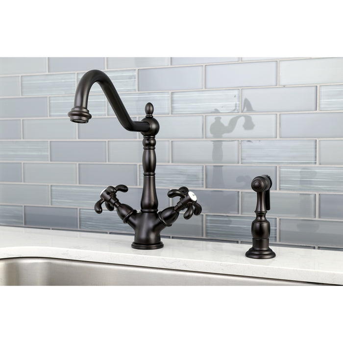 Kingston Heirloom KS1235TXBS - French Country Two-Handle 2-or-4 Hole Kitchen Faucet with Brass Sprayer, Oil Rubbed Bronze