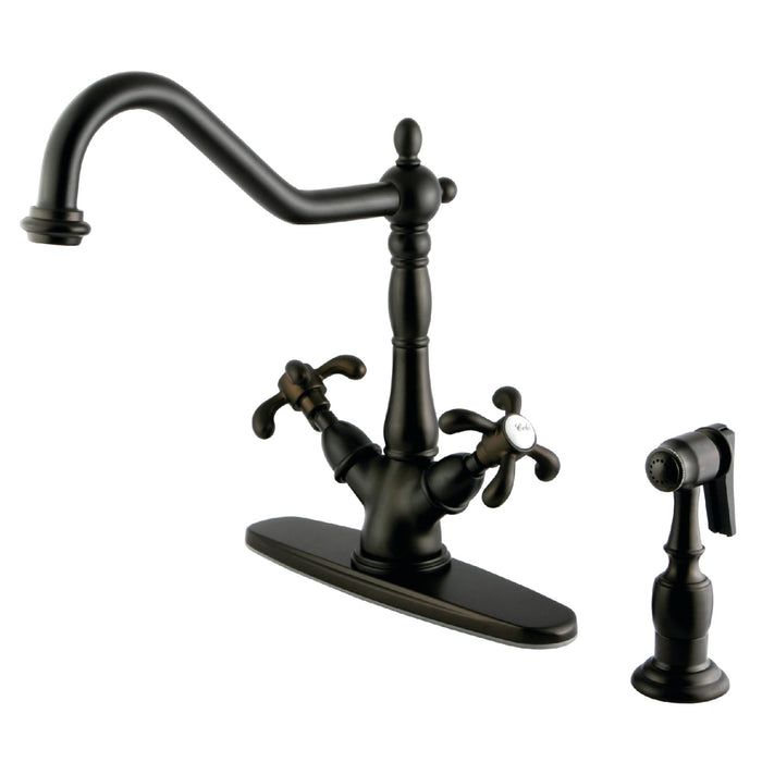 Kingston Heirloom KS1235TXBS - French Country Two-Handle 2-or-4 Hole Kitchen Faucet with Brass Sprayer, Oil Rubbed Bronze