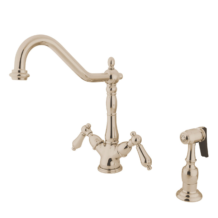Kingston Heirloom KS1236ALBS - Heritage Two-Handle 2-or-4 Hole Kitchen Faucet with Brass Sprayer, Polished Nickel