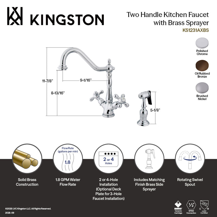 Kingston Heirloom KS1238AXBS - Heritage Two-Handle 2-or-4 Hole Kitchen Faucet with Brass Sprayer, Brushed Nickel