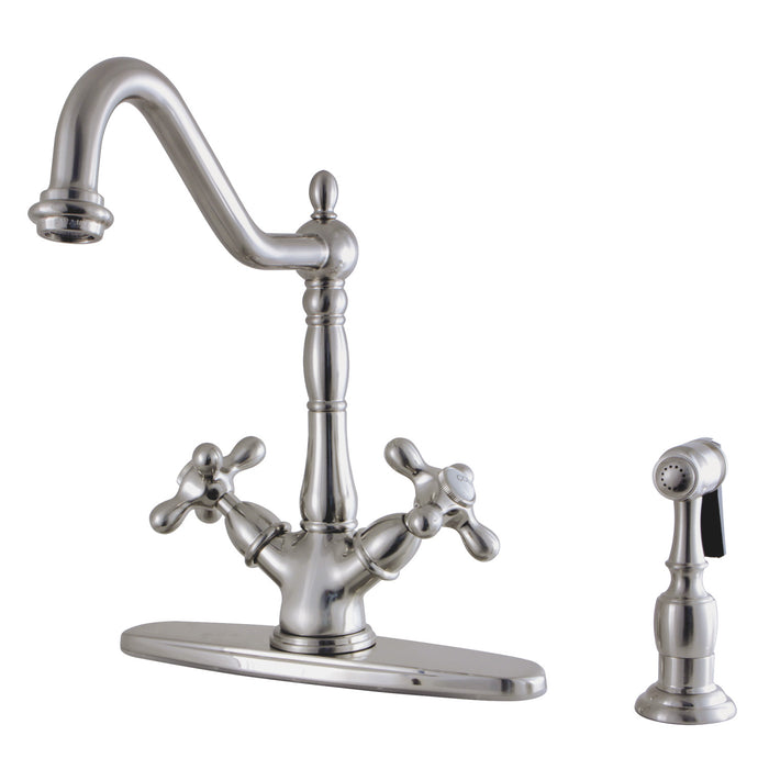 Kingston Heirloom KS1238AXBS - Heritage Two-Handle 2-or-4 Hole Kitchen Faucet with Brass Sprayer, Brushed Nickel