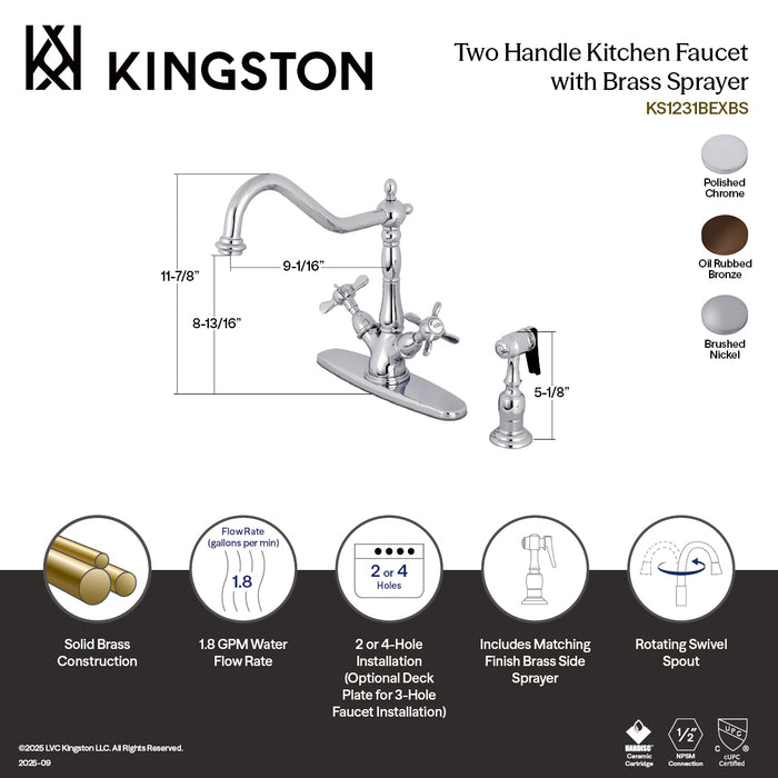 Kingston Heirloom KS1238BEXBS - Essex Two-Handle 2-or-4 Hole Kitchen Faucet with Brass Sprayer, Brushed Nickel