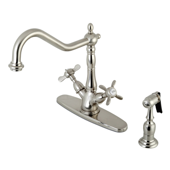 Kingston Heirloom KS1238BEXBS - Essex Two-Handle 2-or-4 Hole Kitchen Faucet with Brass Sprayer, Brushed Nickel