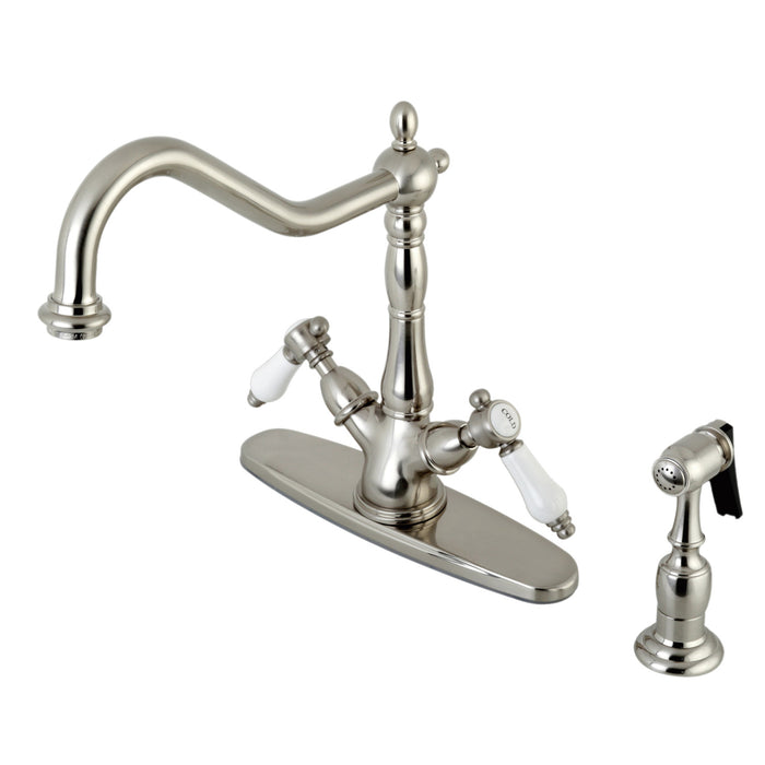 Kingston Heirloom KS1238BPLBS - Bel-Air Two-Handle 2-or-4 Hole Kitchen Faucet with Brass Sprayer, Brushed Nickel