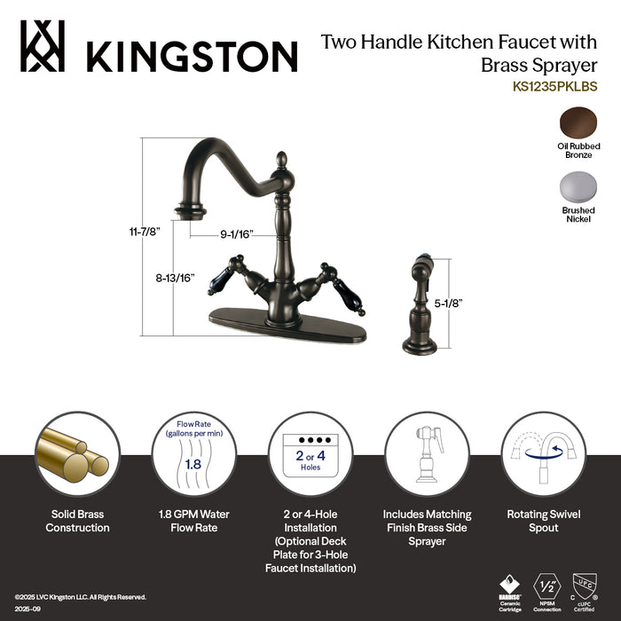 Kingston Heirloom KS1238PKLBS - Duchess Two-Handle 2-or-4 Hole Kitchen Faucet with Brass Sprayer, Brushed Nickel