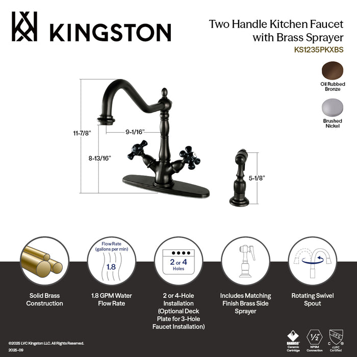 Kingston Heirloom KS1238PKXBS - Duchess Two-Handle 2-or-4 Hole Kitchen Faucet with Brass Sprayer, Brushed Nickel