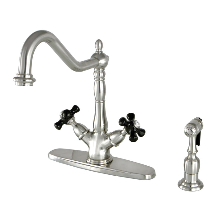 Kingston Heirloom KS1238PKXBS - Duchess Two-Handle 2-or-4 Hole Kitchen Faucet with Brass Sprayer, Brushed Nickel