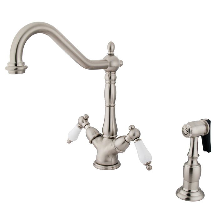Kingston Heirloom KS1238PLBS - Heritage Two-Handle 2-or-4 Hole Kitchen Faucet with Brass Sprayer, Brushed Nickel