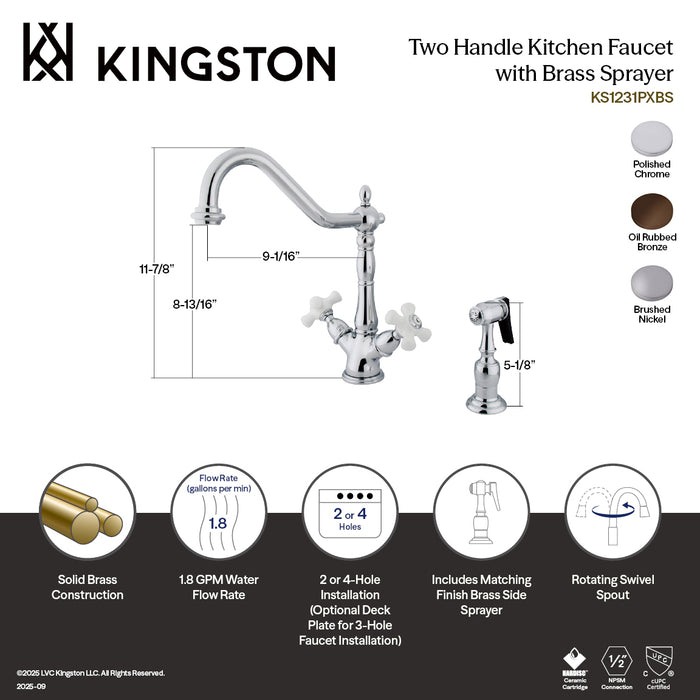Kingston Heirloom KS1238PXBS - Heritage Two-Handle 2-or-4 Hole Kitchen Faucet with Brass Sprayer, Brushed Nickel