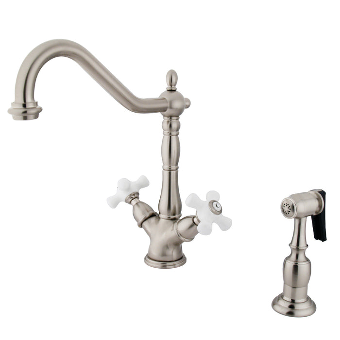 Kingston Heirloom KS1238PXBS - Heritage Two-Handle 2-or-4 Hole Kitchen Faucet with Brass Sprayer, Brushed Nickel