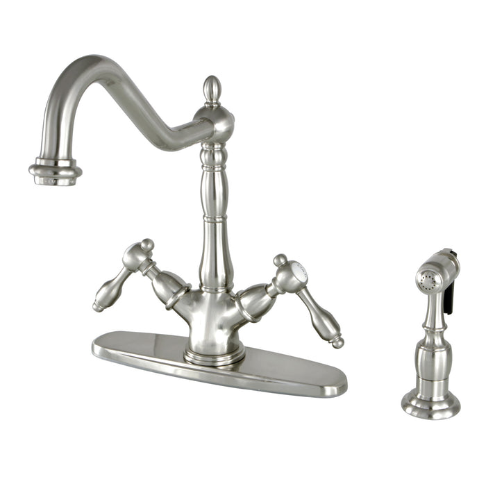 Kingston Heirloom KS1238TALBS - Tudor Two-Handle 2-or-4 Hole Kitchen Faucet with Brass Sprayer, Brushed Nickel