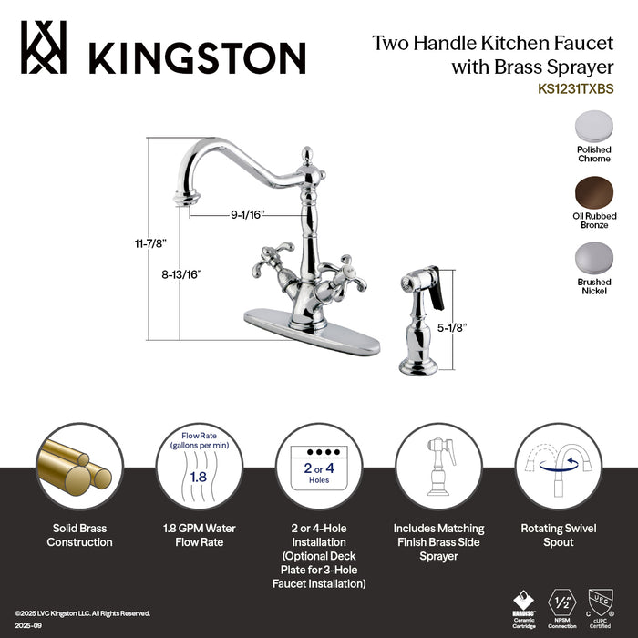Kingston Heirloom KS1238TXBS - French Country Two-Handle 2-or-4 Hole Kitchen Faucet with Brass Sprayer, Brushed Nickel