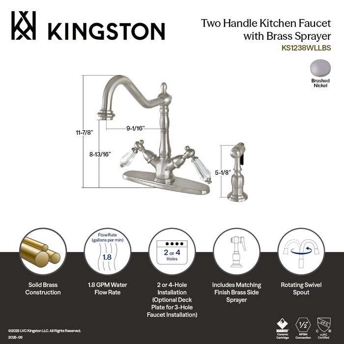 Kingston Heirloom KS1238WLLBS - Wilshire Two-Handle 2-or-4 Hole Kitchen Faucet with Brass Sprayer, Brushed Nickel