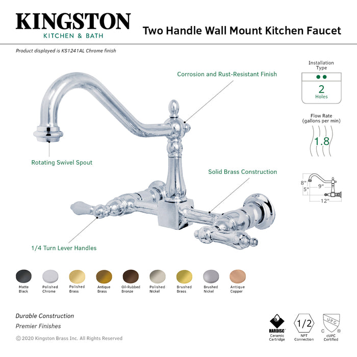 Kingston Heirloom KS1240AL - Heritage Two-Handle 2-Hole Wall Mount Bridge Kitchen Faucet, Matte Black