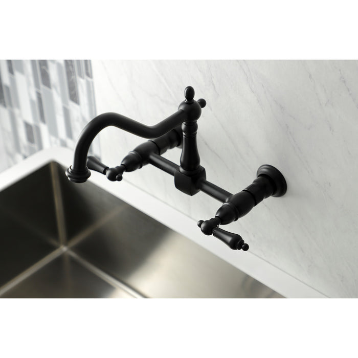 Kingston Heirloom KS1240AL - Heritage Two-Handle 2-Hole Wall Mount Bridge Kitchen Faucet, Matte Black