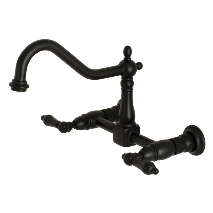 Kingston Heirloom KS1240AL - Heritage Two-Handle 2-Hole Wall Mount Bridge Kitchen Faucet, Matte Black