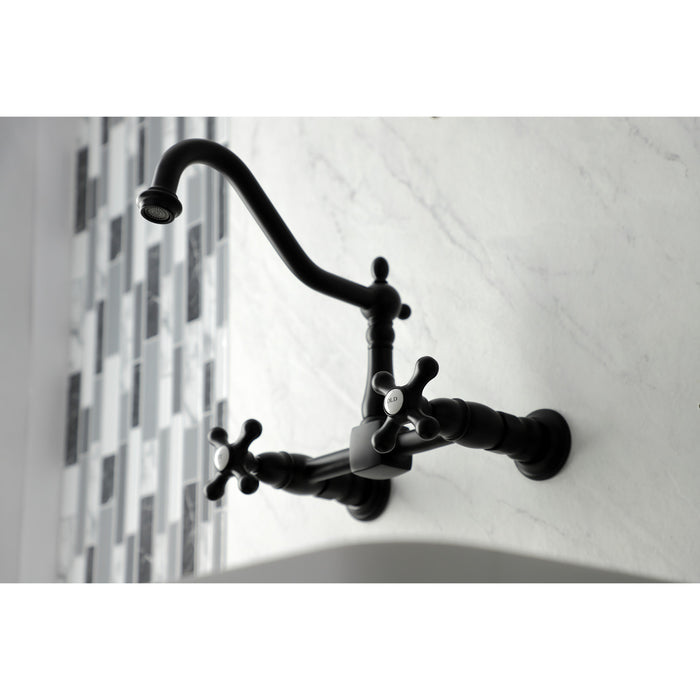 Kingston Heirloom KS1240AX - Heritage Two-Handle 2-Hole Wall Mount Bridge Kitchen Faucet, Matte Black