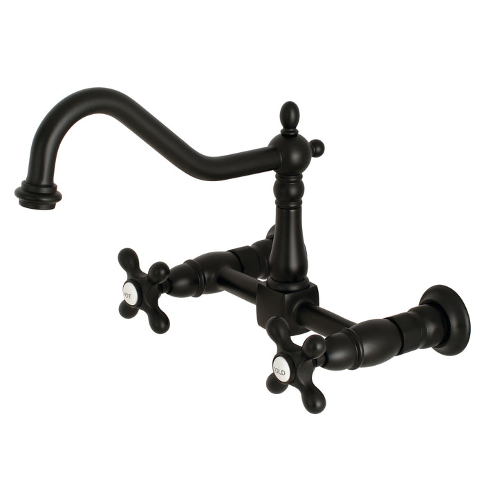 Kingston Heirloom KS1240AX - Heritage Two-Handle 2-Hole Wall Mount Bridge Kitchen Faucet, Matte Black