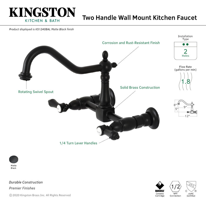 Kingston Heirloom KS1240BAL - Heirloom Two-Handle 2-Hole Wall Mount Bridge Kitchen Faucet, Matte Black