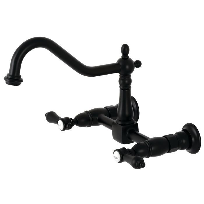 Kingston Heirloom KS1240BAL - Heirloom Two-Handle 2-Hole Wall Mount Bridge Kitchen Faucet, Matte Black