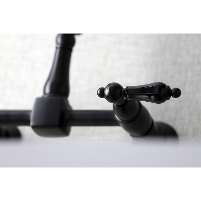 Kingston Heirloom KS1240PKL - Duchess Two-Handle 2-Hole Wall Mount Bridge Kitchen Faucet, Matte Black