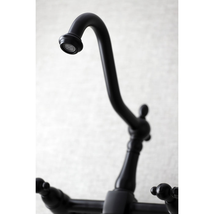 Kingston Heirloom KS1240PKL - Duchess Two-Handle 2-Hole Wall Mount Bridge Kitchen Faucet, Matte Black