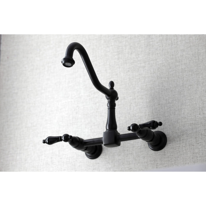 Kingston Heirloom KS1240PKL - Duchess Two-Handle 2-Hole Wall Mount Bridge Kitchen Faucet, Matte Black