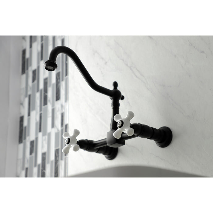 Kingston Heirloom KS1240PX - Heritage Two-Handle 2-Hole Wall Mount Bridge Kitchen Faucet, Matte Black
