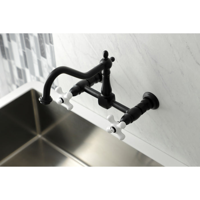 Kingston Heirloom KS1240PX - Heritage Two-Handle 2-Hole Wall Mount Bridge Kitchen Faucet, Matte Black