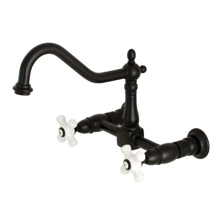 Kingston Heirloom KS1240PX - Heritage Two-Handle 2-Hole Wall Mount Bridge Kitchen Faucet, Matte Black