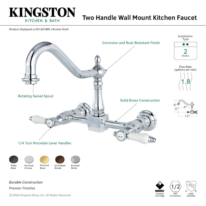 Kingston Heirloom KS1241BPL - Bel-Air Two-Handle Wall Mount Bridge Kitchen Faucet, Polished Chrome