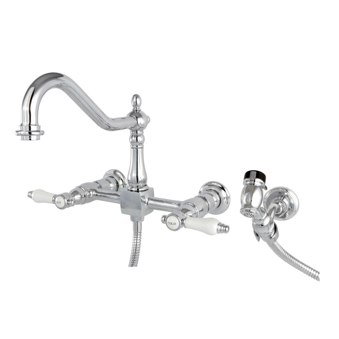 Bel-Air KS1241BPLBS Two-Handle 3-Hole Wall Mount Bridge Kitchen Faucet with Brass Sprayer, Polished Chrome
