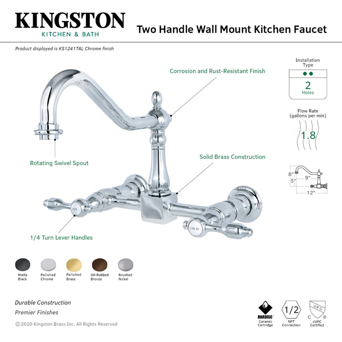 Kingston Heirloom KS1241TAL - Tudor Two-Handle 2-Hole Wall Mount Bridge Kitchen Faucet, Polished Chrome