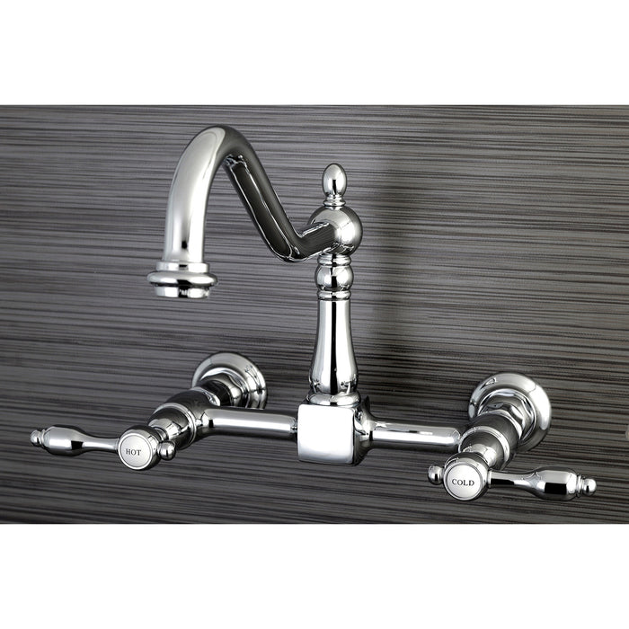 Kingston Heirloom KS1241TAL - Tudor Two-Handle 2-Hole Wall Mount Bridge Kitchen Faucet, Polished Chrome