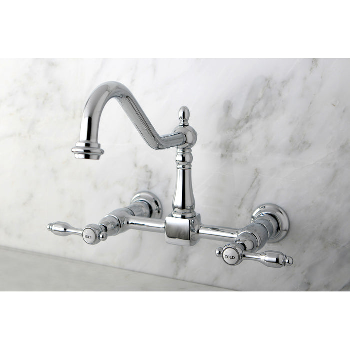 Kingston Heirloom KS1241TAL - Tudor Two-Handle 2-Hole Wall Mount Bridge Kitchen Faucet, Polished Chrome